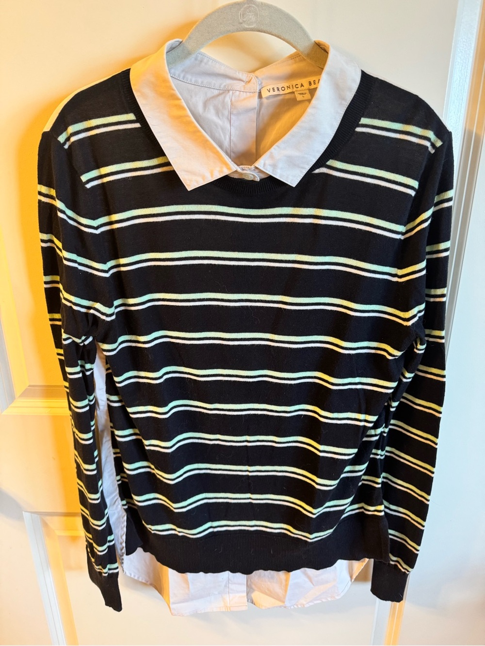Veronica Beard Black Striped Sweater with White Shirt Collar